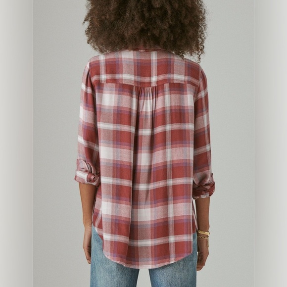 Lucky Brand Pink Cloud Plaid Boyfriend Button Up Flannel Shirt - Picture 4 of 6